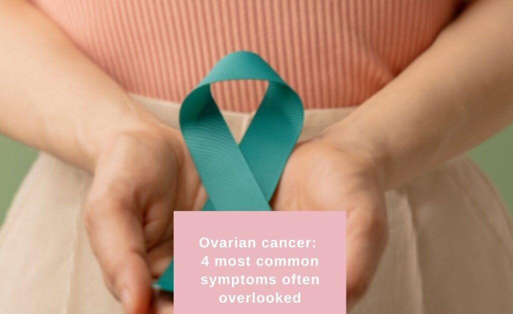 Ovarian Cancer. Woman holding Teal ribbon.
